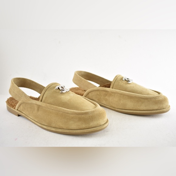 Chanel Dark Beige Suede Shearling CC Moccasin Ballet Slingback Loafer Flat 41 - Picture 4 of 16